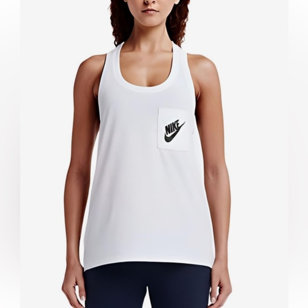 Nike S white w black logo pocket front sleeveless athletic racer back tank top